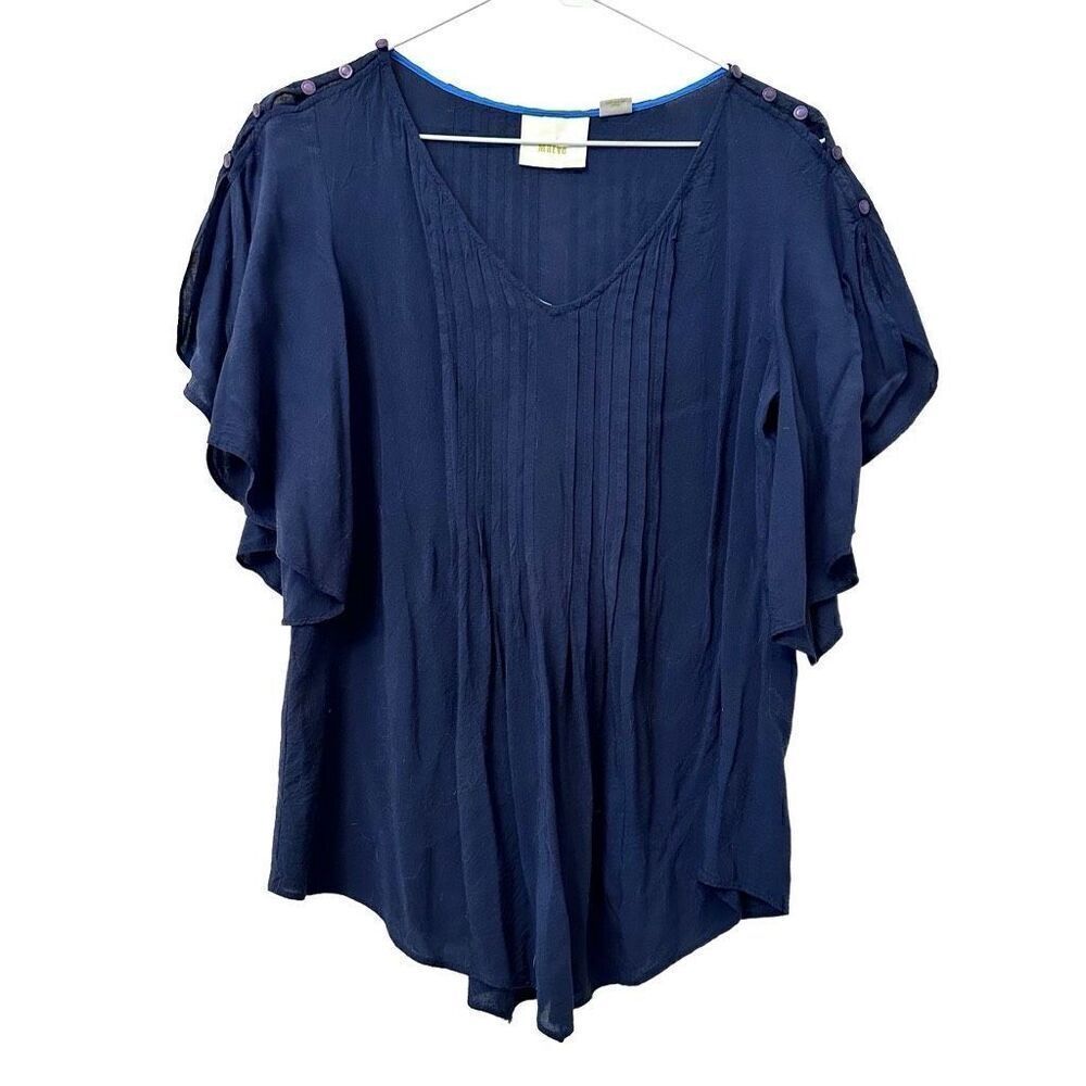 Maeve Anthropologie Flutter Sleeve Buttoned Shoulder Pintuck Blouse Navy Size 4